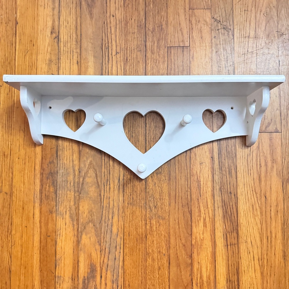Vintage Style White Wood Heart Wall Shelf with 3 Pegs 23.25"x 6"x 8 Cottagecore